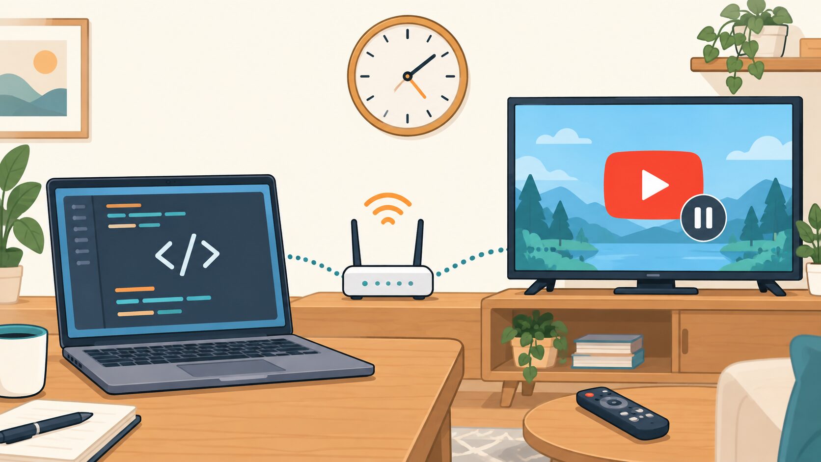 PCとテレビを家庭内LANでつなぎ、動画アプリを制御するイメージ